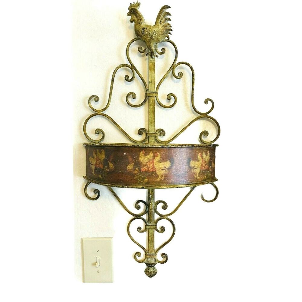 Vintage Country Farmhouse Rooster Rustic Painted Metal Shabby Large Wall Shelf